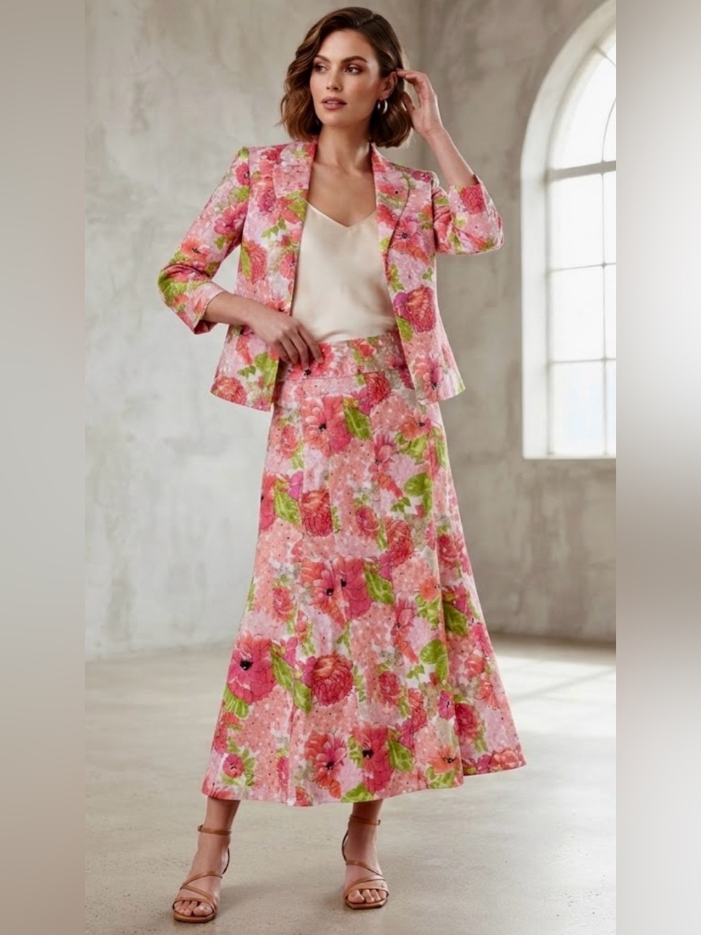 Vintage Kim Rogers Linen two-piece skirt suit set pink green floral size Large